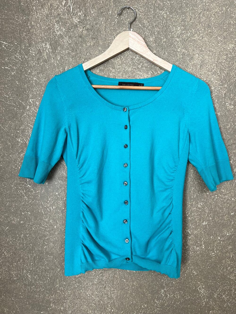 The Limited Teal Short Sleeve Ruched Cardigan Cotton Blend Size Small